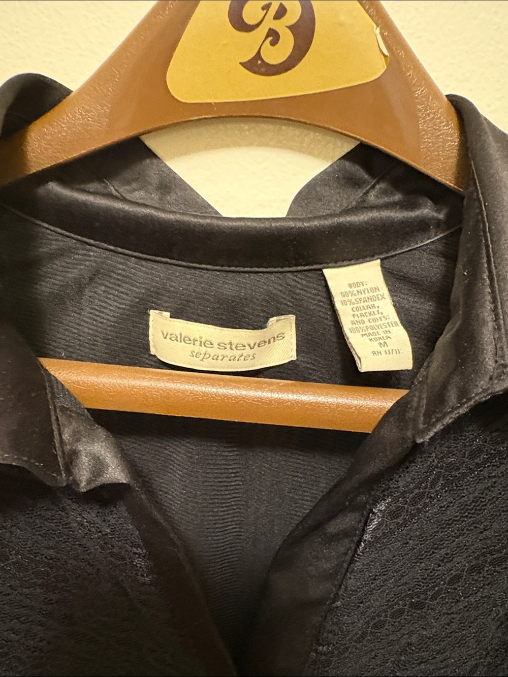 Valerie Stevens Black Sheer Lace Satin Button-Front Blouse - Picture 2 of 5